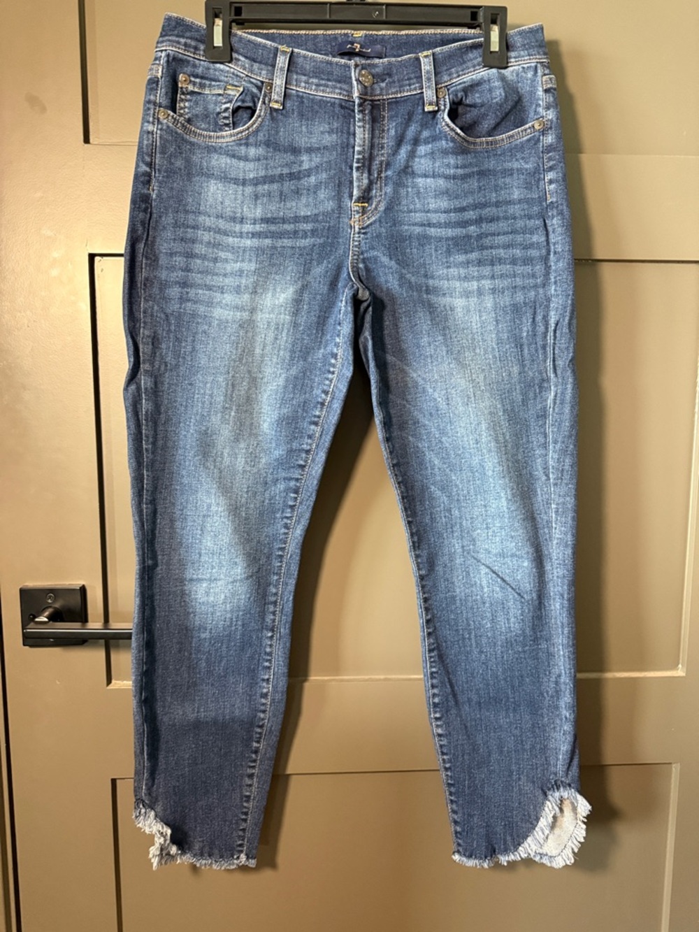 7 For All Mankind Ankle Gwenevere Distressed Curved Hem Jeans in Medium Blue